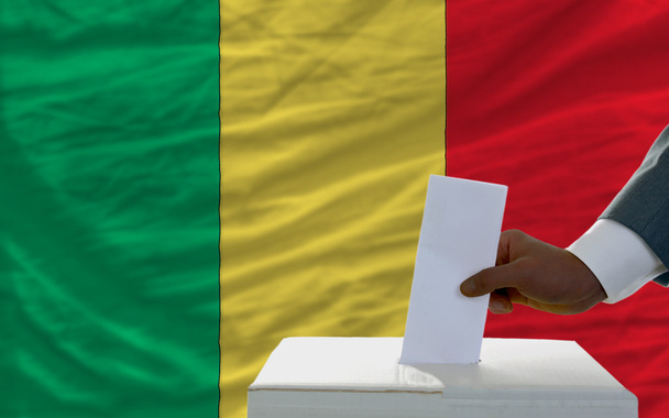 άνθρωπος ψηφοφορία στις εκλογές μπροστά από την εθνική σημαία του Μάλι - Φωτογραφία, εικόνα