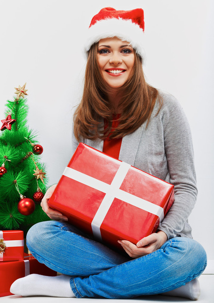 Santa girl with christmas gift - Fotografie, Obrázek