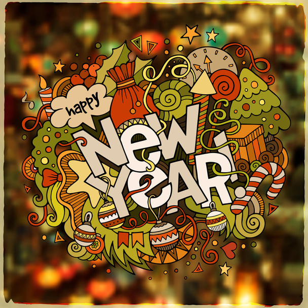 Letras de mão de Ano Novo e doodles elementos ilustração vetorial
 - Vetor, Imagem