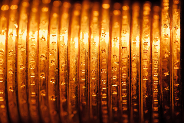 golden dollar coins backdrop, macro view - Zdjęcie, obraz