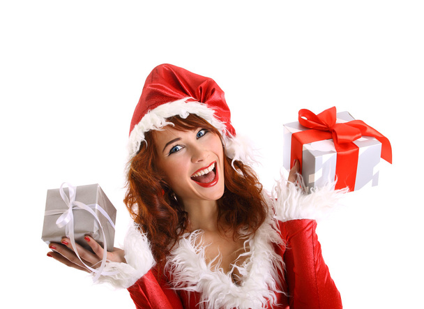 beautiful red head girl in christmas costume isolated on white - Photo, Image