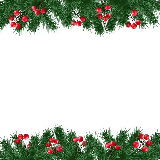 Natal cartão de saudação, convite com ramos de abeto e bagas azevinho fronteira no fundo branco
 - Vetor, Imagem