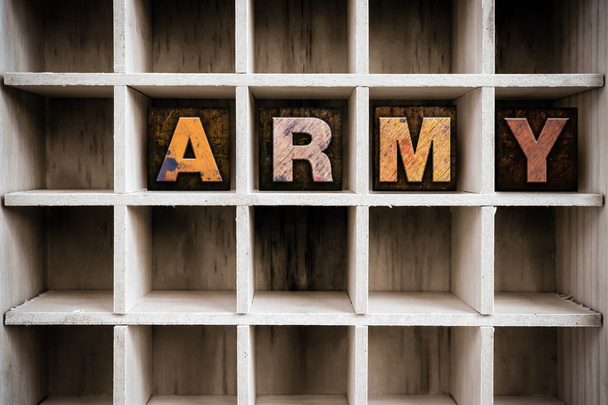 Army Concept Wooden Letterpress Type in Draw - 写真・画像