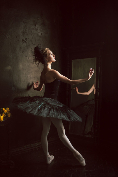 Portrait of the ballerina in ballet tatu on black background - Foto, afbeelding