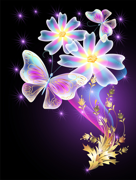 Neon butterflies and transparent daisy - Vector, imagen