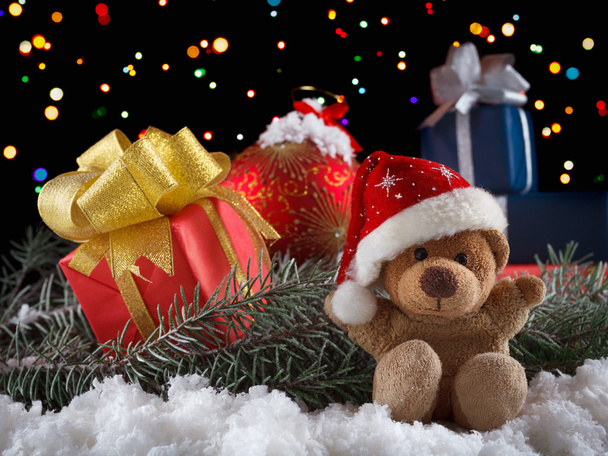 Christmas toys teddy bear with decoration.  Xmas concept - Fotoğraf, Görsel