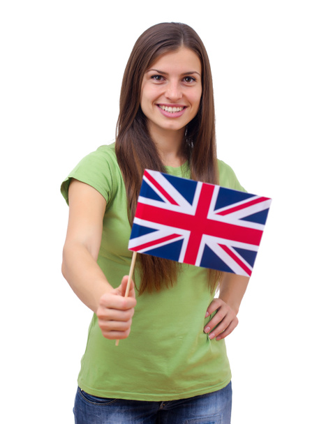 英国の旗と学生女性 - 写真・画像