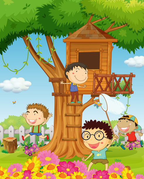 Meninos brincando no jardim
 - Vetor, Imagem