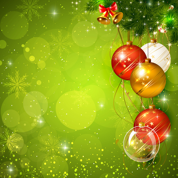 Green shiny christmas background with bauble - Vector, afbeelding