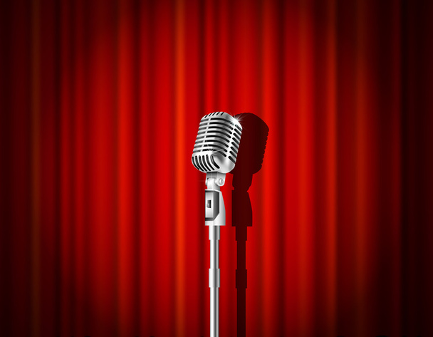 Microphone and red curtain - Vector, Image