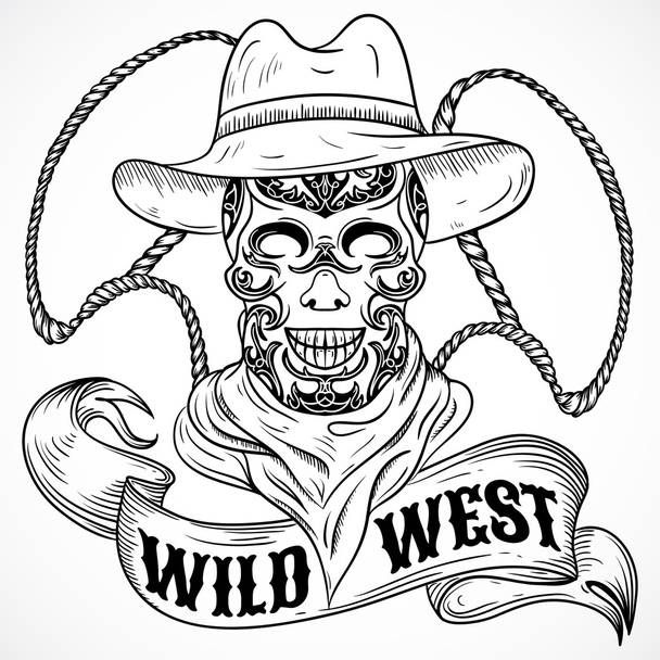 Wilder Westen. Vintage Poster mit Totenkopf Cowboy, Lasso und Schleifenbanner. Retro handgezeichnete Vektorillustration im Skizzenstil - Vektor, Bild