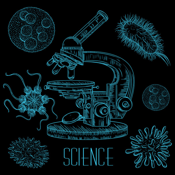 Vintage wetenschap laboratorium met een microscoop en microben en virussen. Vector geïsoleerd hand getrokken illustratie in lijn kunststijl - Vector, afbeelding