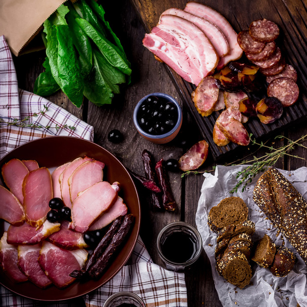 Antipasti and catering platter with different meat  products.  - Fotó, kép