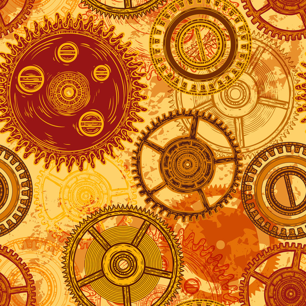 Vintage seamless pattern with gears of clockwork on aged paper background. Retro hand drawn vector illustration. - Vector, Image