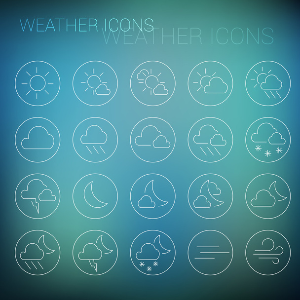 White weather icon set in circles and blurred background - Διάνυσμα, εικόνα