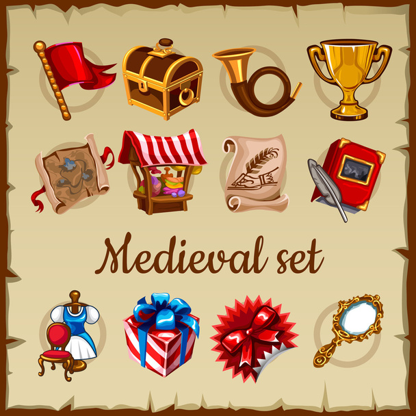 Set of medieval object on parchment paper - Vector, Image