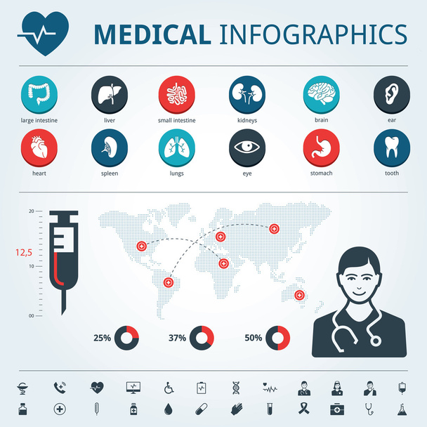 Medical human organs icon set with human body and world map info graphic - Вектор, зображення