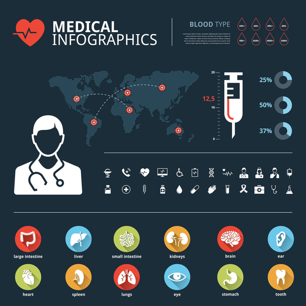 Medical human organs icon set with human body and world map info graphic - Vector, Image