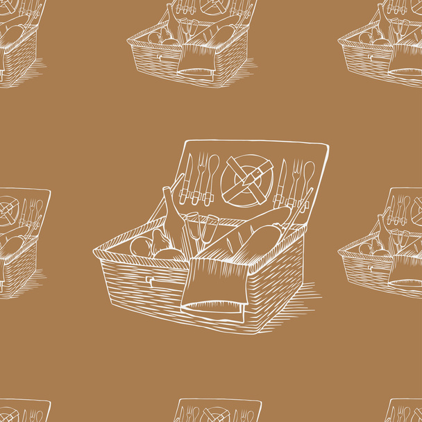 doodle vintage picnic basket with food and drinks - Διάνυσμα, εικόνα