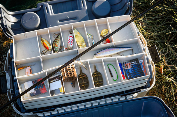 Набір приманки для риболовлі в коробці для снастей на замороженій траві
. - Фото, зображення