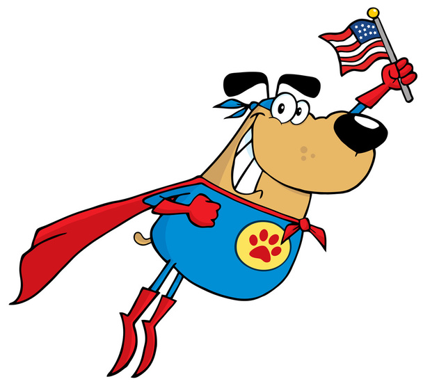 Super Hero Dog Flying And Waving An American Flag - Photo, Image