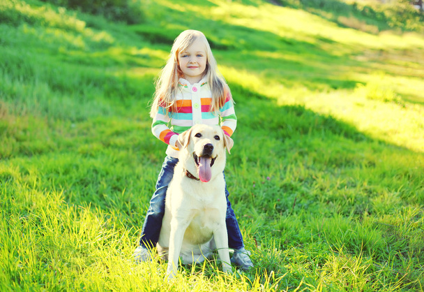 Lapsi ja labrador noutaja koira ruohoa kesäpäivänä
 - Valokuva, kuva