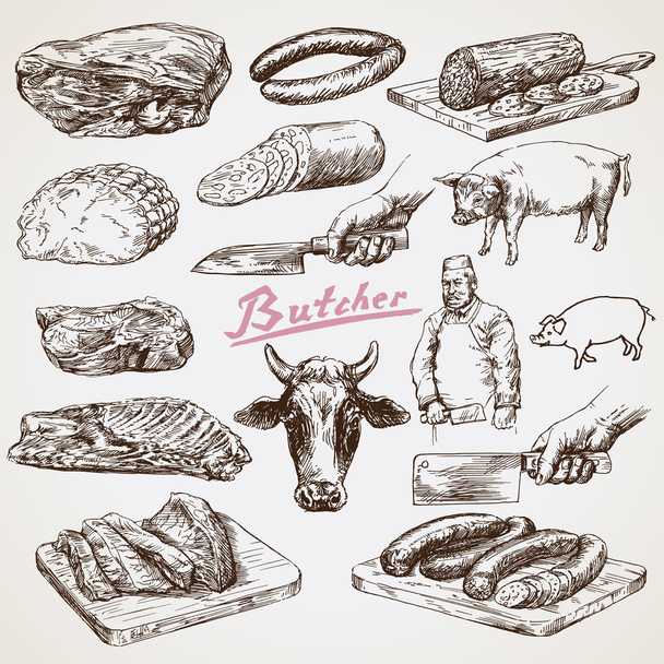 Hús, a hentes. Kézzel rajzolt vektoros illusztráció - Vektor, kép