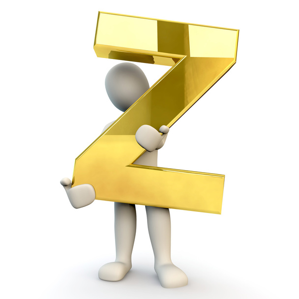 3D-menselijk karakter houden gouden alfabet letter Z - Foto, afbeelding