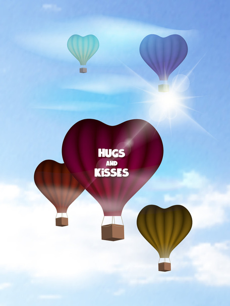Valentines background with heart-shaped air balloons in the Sky - Vector, Image