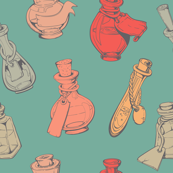 Different kinds of decorative bottles. Collection of hand-drawn bottles . Retro vintage style food design. Seamless pattern.Vector illustration. - ベクター画像