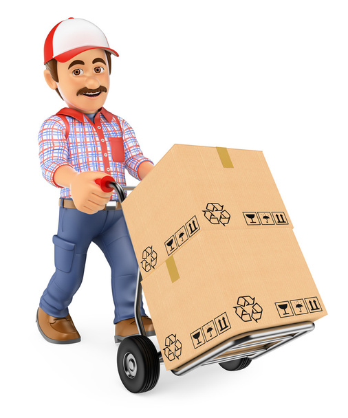 3D-courier levering man duwen een hand vrachtwagen met vakken - Foto, afbeelding