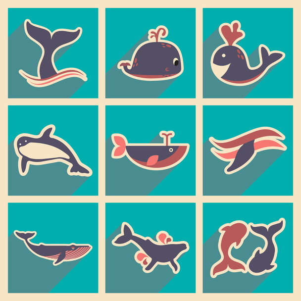 Uzun gölge balinalar ile düz Icons set - Vektör, Görsel