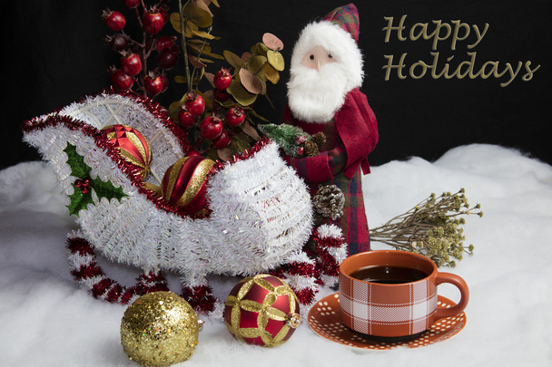 Santa Sleigh ustawień na Boże Narodzenie i kawy - Zdjęcie, obraz