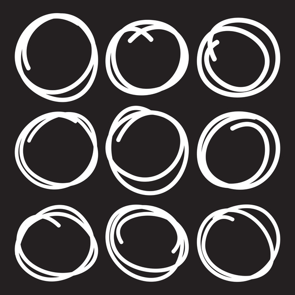 Set of various hand drawn scribble circles in white for text highlight, selection, underline and logo. - Vektör, Görsel