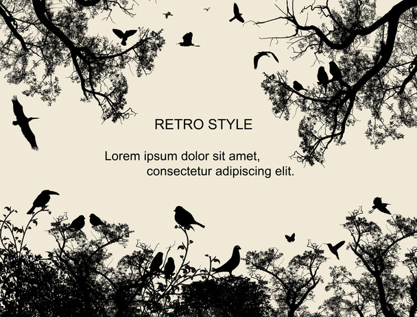 Birds and trees on retro style background - Vector, Image