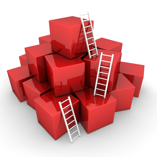 batch van glimmende rode dozen - klimmen met heldere witte ladders - Foto, afbeelding