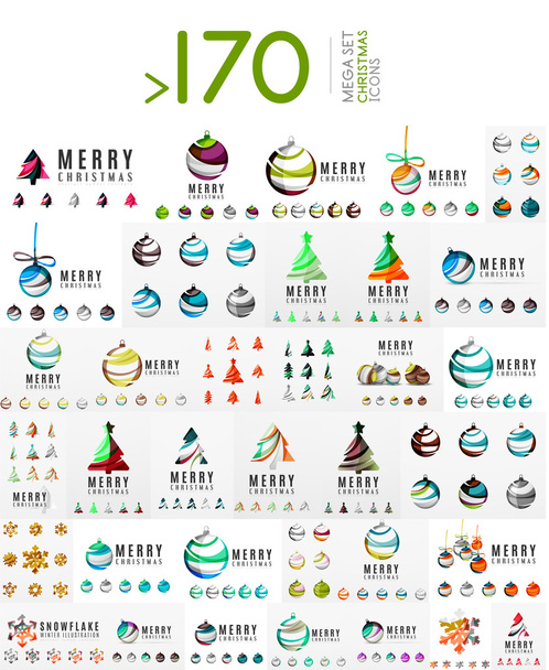 Mega set of Christmas Logos. Abstract tree, snow and ball symbols. Vector illustration, icons and logotypes winter and New Year - Vektor, obrázek