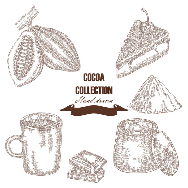Frijoles de cacao hechos a mano. vaina de cacao, pastel de chocolate, malvavisco
,  - Vector, Imagen