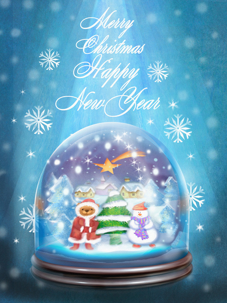 Świąteczny karty z świecie śniegu i życzenia Wesołych Świąt i szczęśliwego nowego roku. - Zdjęcie, obraz