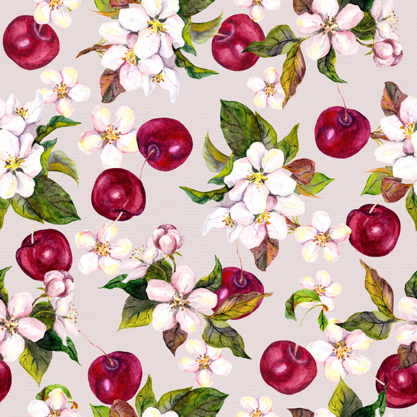 Cherry flowers and cherry berries. Seamless floral pattern. Watercolor  - Фото, зображення