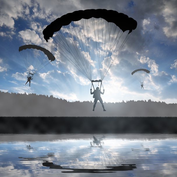 Paraquedismo silhueta aterragem pára-quedista
 - Foto, Imagem