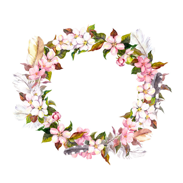 Vintage frame - wreath in boho style. Feathers and spring flowers cherry, apple flower blossom. Watercolor - Foto, imagen