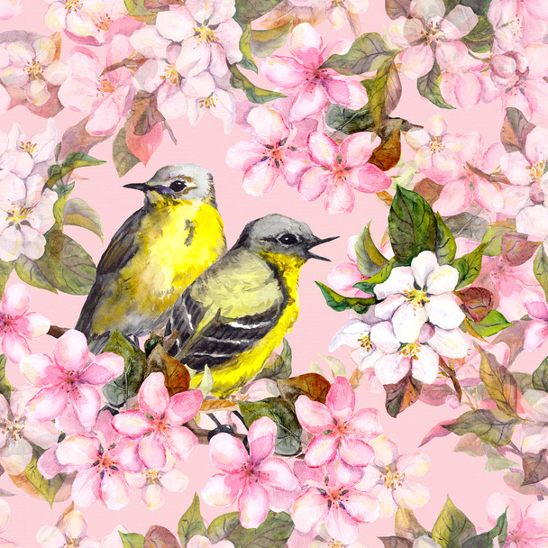 Seamless repeated floral pattern - pink cherry, sakura and apple flowers with birds. Watercolor - Φωτογραφία, εικόνα