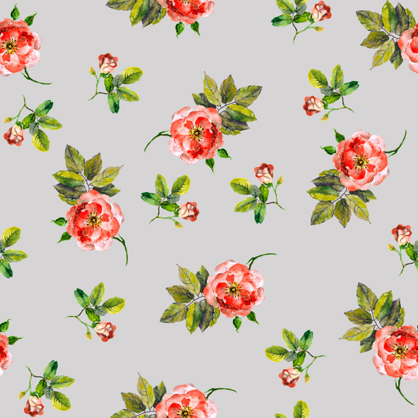Pretty seamless floral backdrop with pink roses and buds in gray background - Foto, Imagem