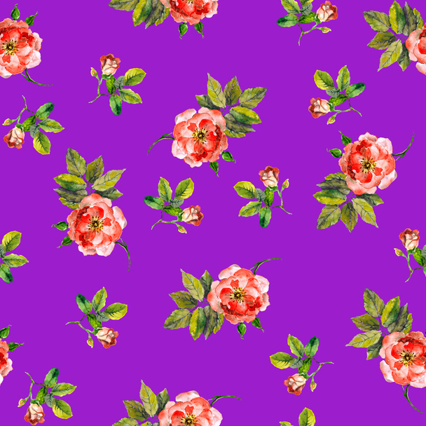 Bright repeating pattern with small pink roses on purple background - Фото, изображение