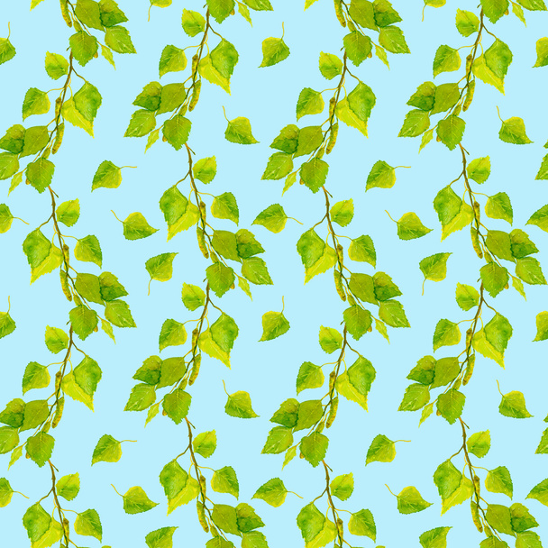 Blue-cyan repeated background with green leaves of birch - Φωτογραφία, εικόνα