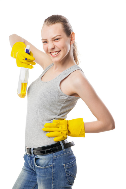 piękna kobieta w żółty gumowe rękawice nad białym - Zdjęcie, obraz