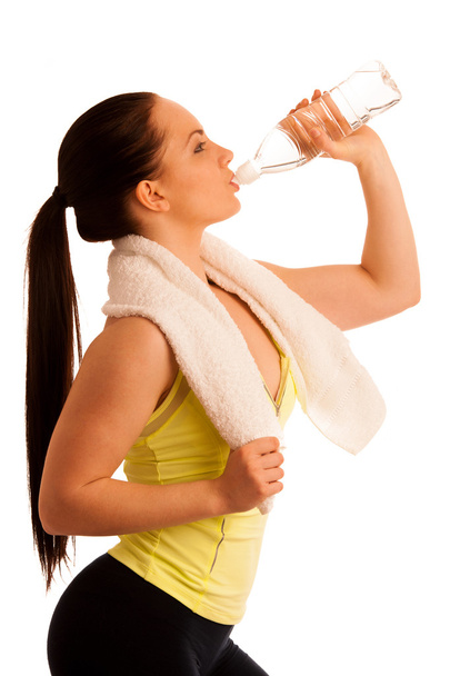 woman with towel after work out in fitness isolated over white b - Fotó, kép