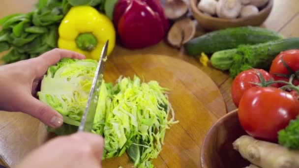 chef chopping cabbage closeup slow motion - Footage, Video