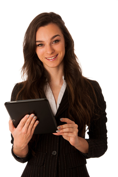 красивая молодая деловая женщина смотрит на планшет жестикулируя отстой
 - Фото, изображение